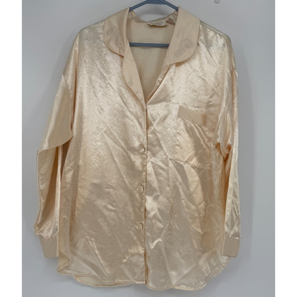 Victoria's Secret Gold Label Vintage Nightshirt Pajama Top M Cream Lounge 90s